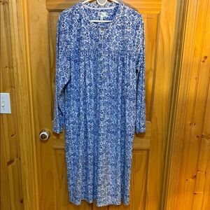 Aria Blue & White Floral Long Pajama Dress Nightgown House Dress, Plus Size 2X